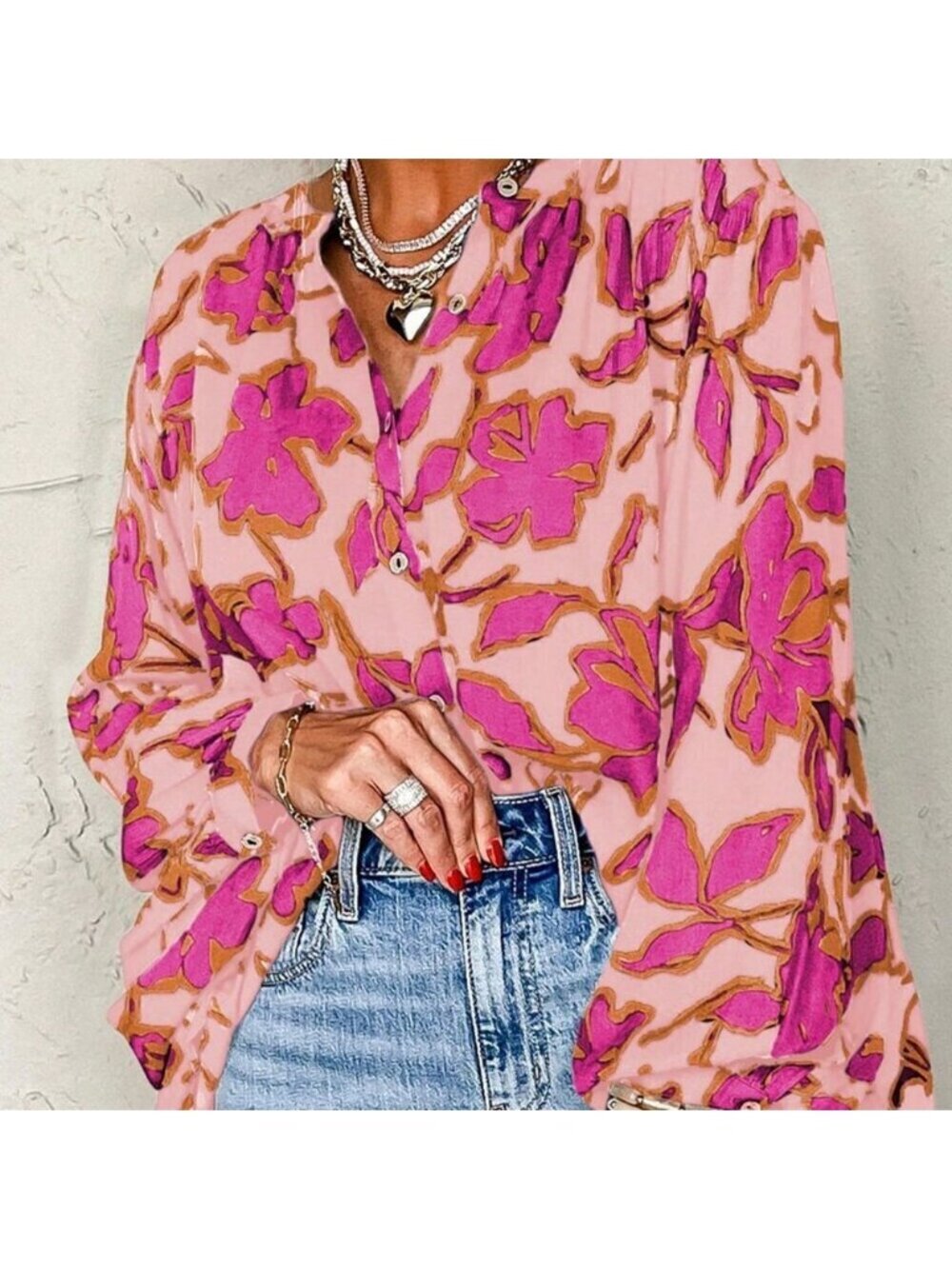 Multicolor Boho Women's Floral Print Batwing Sleeve Buttoned Loose Fit Shirt